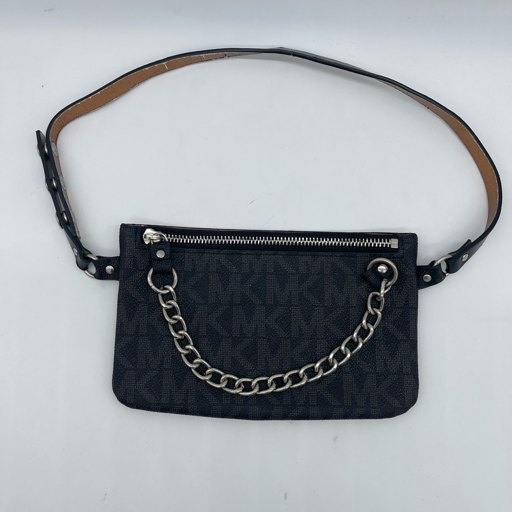 MICHAEL KORS Logo Edgy Chain Faux Leather Belt Bag Fanny Pack -Black  & Gray